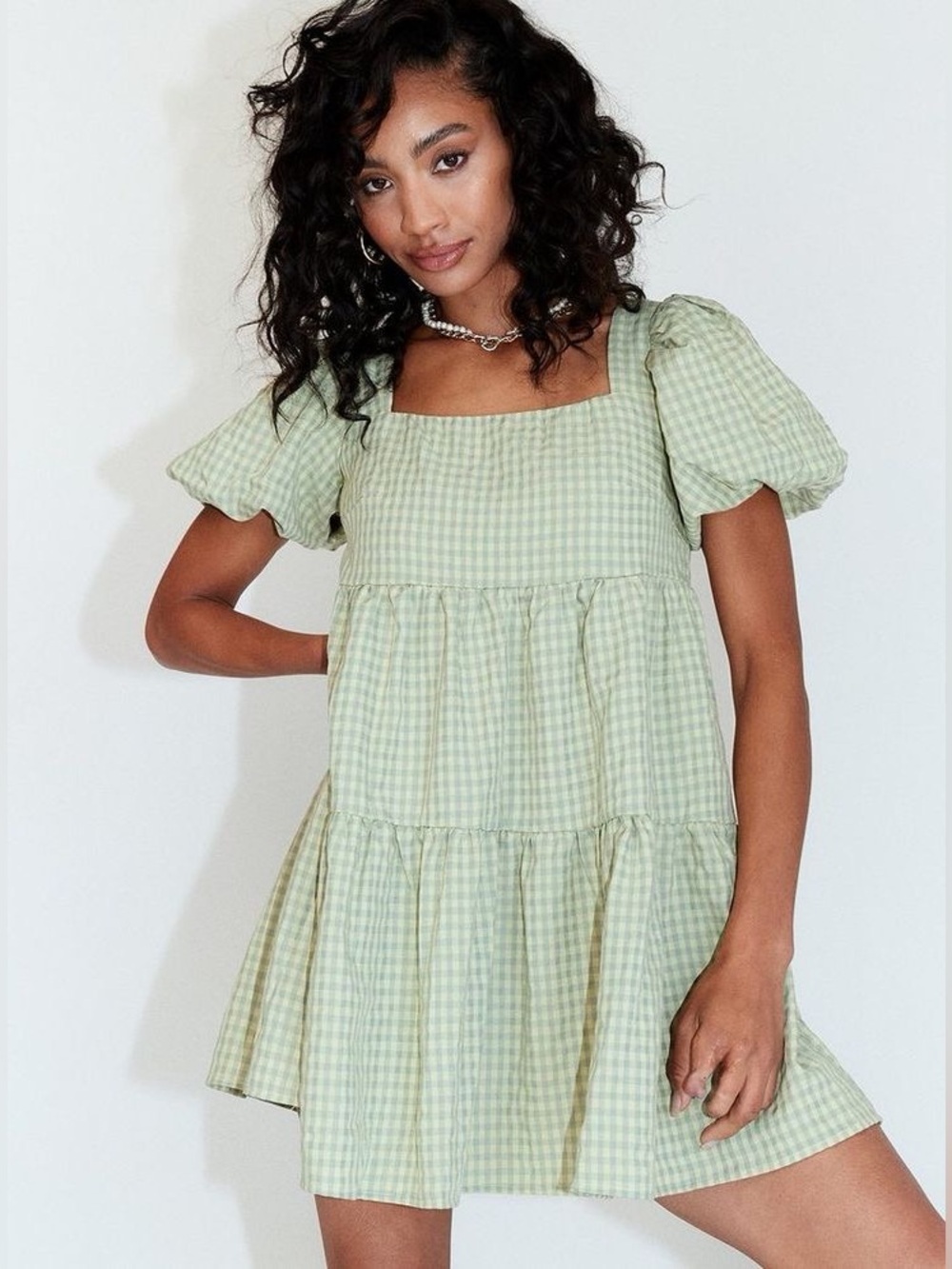 EUC Princess Polly Gingham Square-Neck Mini Babydoll Dress in Light Green